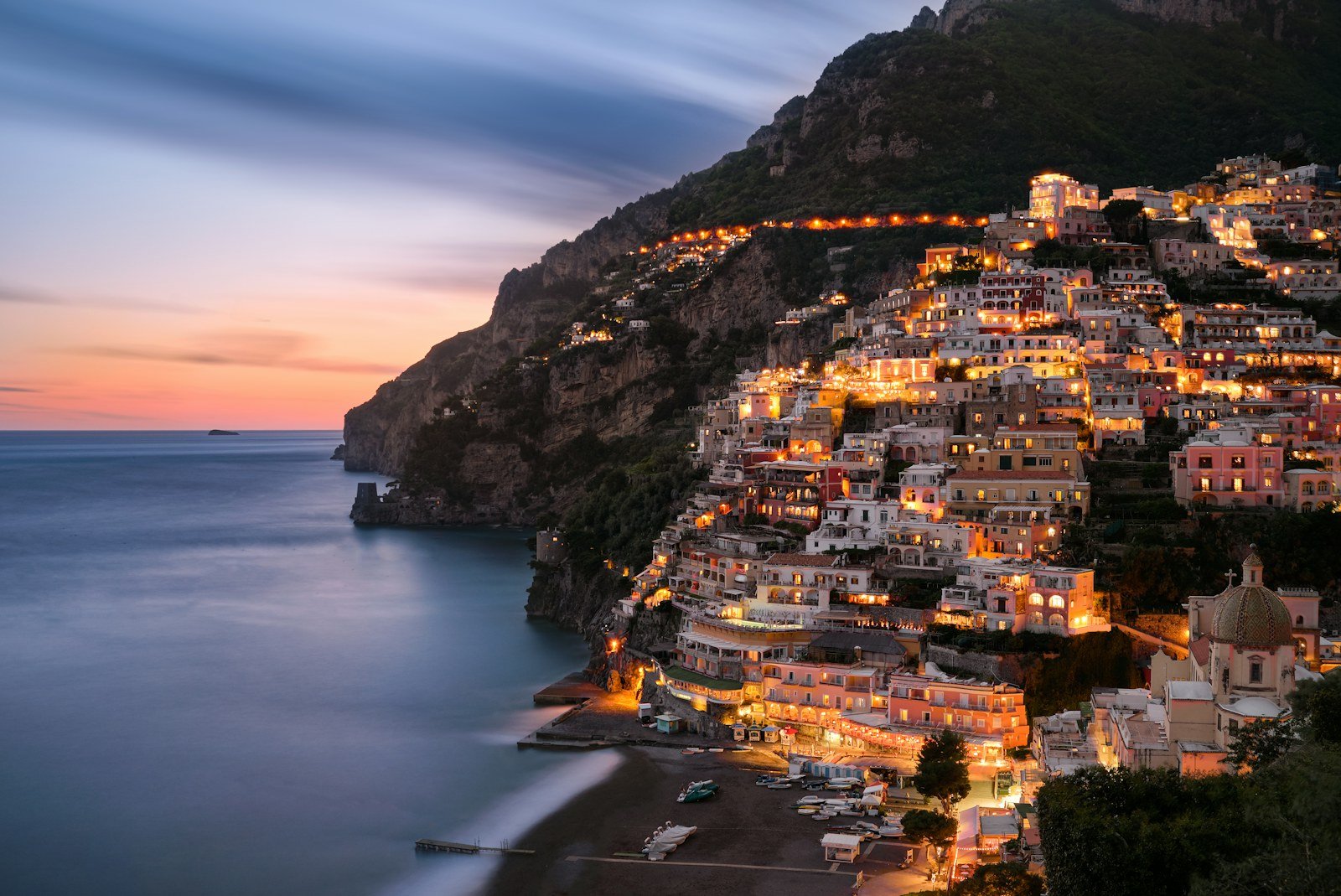 Positano hillside and waterfront at dusk